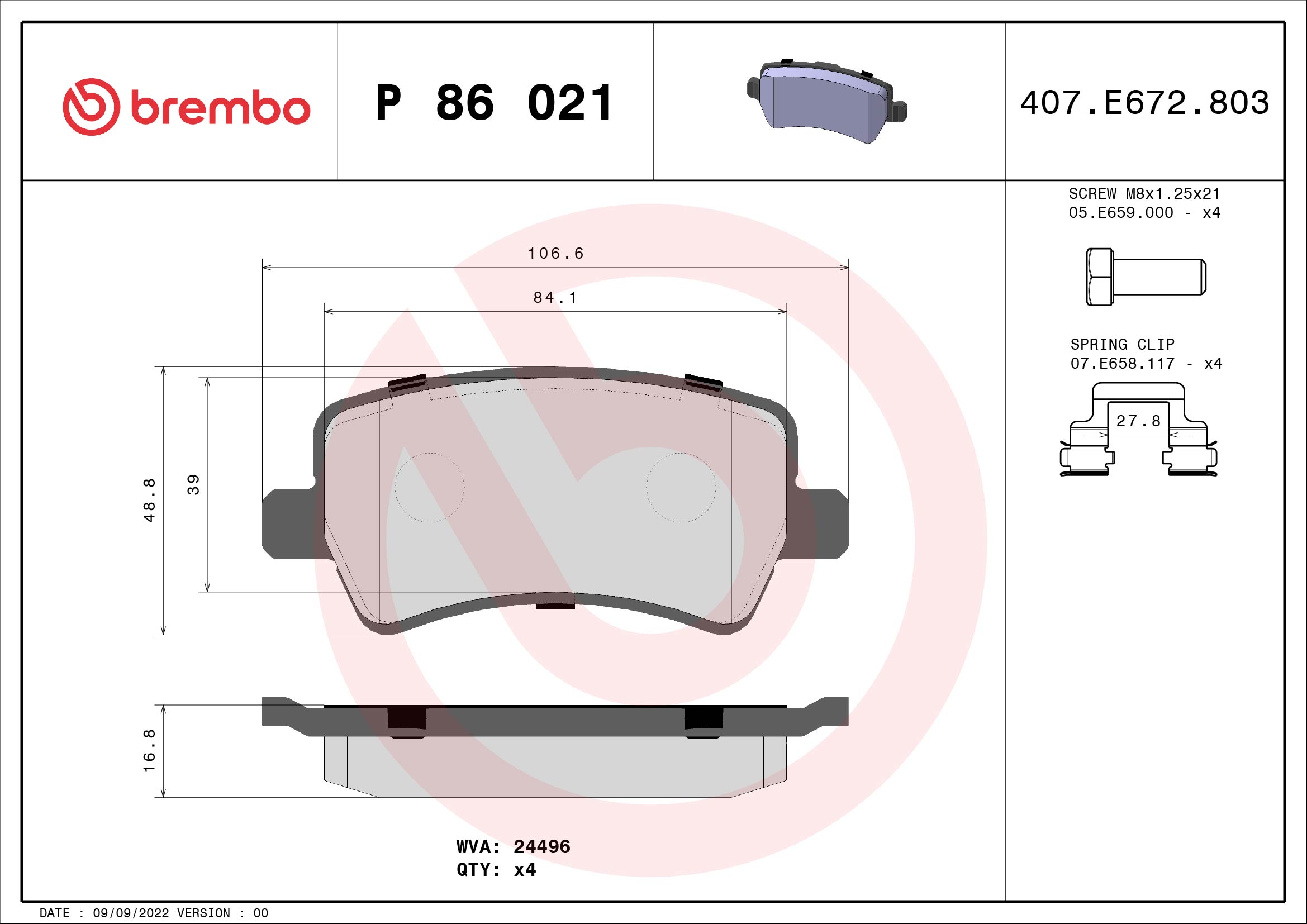 A.B.S. P 86 021 BREMBO Bremsbelagsatz, Scheibenbremse